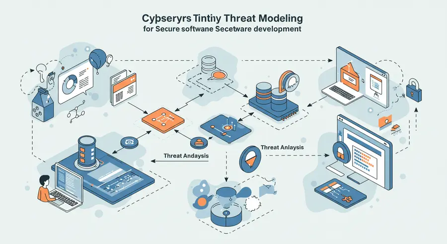Conceptual image of cloud-native threat modeling with interconnected services and security analysis