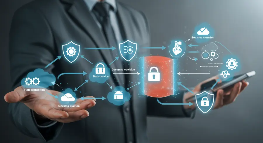 Conceptual image illustrating the complex interconnections and data flow within a microservices architecture, with security shields and lock icons overlaying different service boundaries.